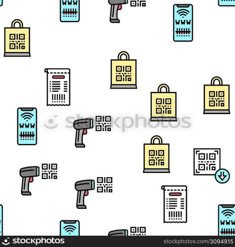 Qr Code Identification Vector Seamless Pattern Thin Line Illustration. Qr Code Identification Vector Seamless Pattern