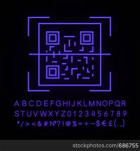 QR code scanner neon light icon. Quick response code. Matrix barcode scanning app. Glowing sign with alphabet, numbers and symbols. Vector isolated illustration. QR code scanner neon light icon