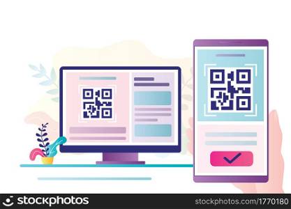 QR Code scanning concept. Hand holding smartphone and scan code. Mobile technology for internet payment. Suitable for web landing page, ui, mobile app, banner template. Trendy flat vector Illustration. QR Code scanning concept. Hand holding smartphone and scan code. Mobile technology for internet payment