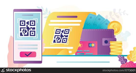 QR Code scanning concept. Hand holding smartphone and scan code. Mobile technology for internet payment. Suitable for web landing page, ui, mobile app, banner template. Trendy flat vector Illustration. QR Code scanning concept. Hand holding smartphone and scan code. Mobile technology for internet payment