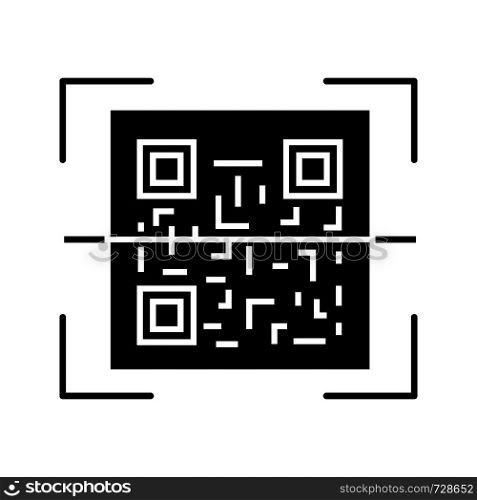 QR code scanning glyph icon. Silhouette symbol. 2D code reading app. Matrix barcode scanner. Two-dimensional barcode. Negative space. Vector isolated illustration. QR code scanning glyph icon