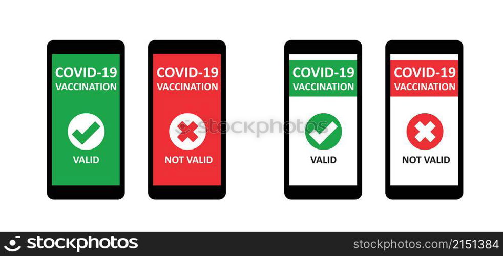 QR code scanning icon. Health passport, vaccination on mobile phone screen red or green, valid or not valid. Certificate of vaccine and immune to covid. Vaccine passport on smartphone screen. security checking.