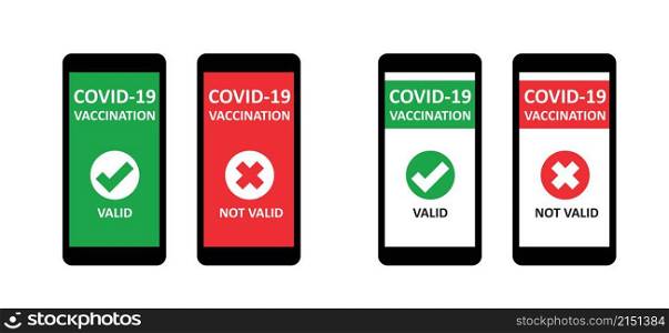 QR code scanning icon. Health passport, vaccination on mobile phone screen red or green, valid or not valid. Certificate of vaccine and immune to covid. Vaccine passport on smartphone screen. security checking.