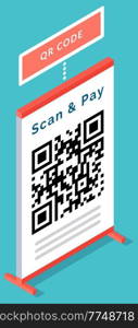 Qr code scanning via mobile phone application scanner device, online payment, money transfer., future recognition technology, information data barcode isolated on blue background. QR code verification. Qr code scanning via mobile phone application scanner device, online payment, money transfer