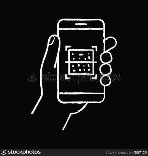QR code smartphone scanner chalk icon. Quick response code. Matrix barcode scanning mobile phone app. Isolated vector chalkboard illustration. QR code smartphone scanner chalk icon