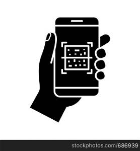 QR code smartphone scanner glyph icon. Silhouette symbol. Quick response code. Matrix barcode scanning mobile phone app. Negative space. Vector isolated illustration. QR code smartphone scanner glyph icon