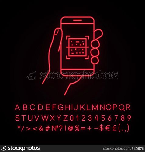 QR code smartphone scanner neon light icon. Quick response code. Matrix barcode scanning mobile phone app. Glowing sign with alphabet, numbers and symbols. Vector isolated illustration. QR code smartphone scanner neon light icon