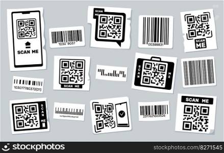 QR code stickers. Barcode labels with product information or link, scanner frame of price tag graphic elements, scanning on phone concept. Vector set of product code illustration. QR code stickers. Barcode labels with product information or link, scanner frame of price tag graphic elements, scanning on phone concept. Vector set