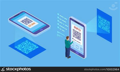 QR code verification. Isometric barcode mobile scanning, customer makes paying with phone scanner. Info QR code vector illustration. Smartphone scanner, qr isometric online. QR code verification. Isometric barcode mobile scanning, customer makes paying with phone scanner. Info QR code vector illustration