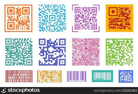 Qr codes. Barcode, coding digital elements for screen. Mobile health id elements. Personal barcodes for scanning in mall, store, city transport, vector set. Illustration of identification code to scan. Qr codes. Barcode, coding digital elements for screen. Mobile health id elements. Personal barcodes for scanning in mall, store, city transport, exact vector set