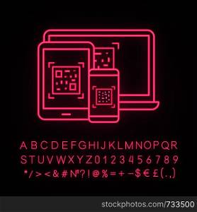 QR codes on different devices neon light icon. Barcodes generator. Codes on laptop, smartphone, tablet pc. Barcodes reading and scanning apps. Glowing alphabet, numbers. Vector isolated illustration. QR codes on different devices neon light icon