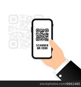 QR scanner icon. Mobile phone in hand scans QR code. Scan the qrcode using a mobile phone. Capture the qr code on your mobile phone. For digital payment concept.