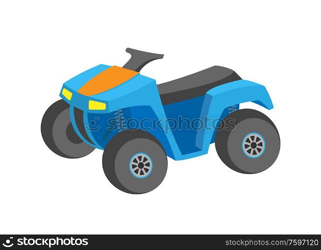 Quad bike on white, transport or extreme equipment, blue car icon, flat style of colorful offroad auto, championship or rally, atv driving by mud vector. Offroad Auto, Blue Quad Bike Transport Vector
