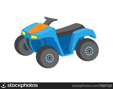 Quad bike on white, transport or extreme equipment, blue car icon, flat style of colorful offroad auto, championship or rally, atv driving by mud vector. Offroad Auto, Blue Quad Bike Transport Vector