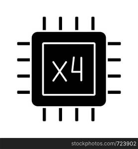 Quad core processor glyph icon. Four core microprocessor. Microchip, chipset. CPU. Central processing unit. Multi-core processor. Integrated circuit. Silhouette symbol. Vector isolated illustration. Quad core processor glyph icon
