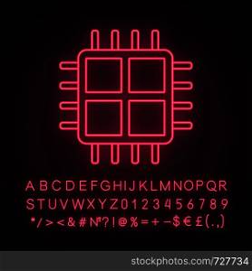 Quad core processor neon light icon. Four core microprocessor. Microchip, chipset. CPU. Multi-core processor. Integrated circuit. Glowing sign with alphabet, numbers. Vector isolated illustration. Quad core processor neon light icon