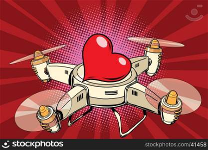 Quadcopter drone red heart Valentine holiday, pop art retro comic book vector illustration. Sending a love gift