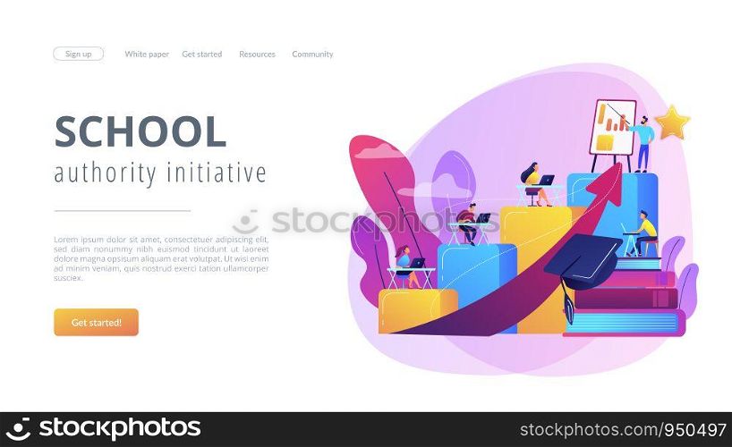 Qualification increase course, skills improvement coaching. Professional development, school authority initiative, training for teachers concept. Website homepage landing web page template.. Professional development of teachers concept landing page