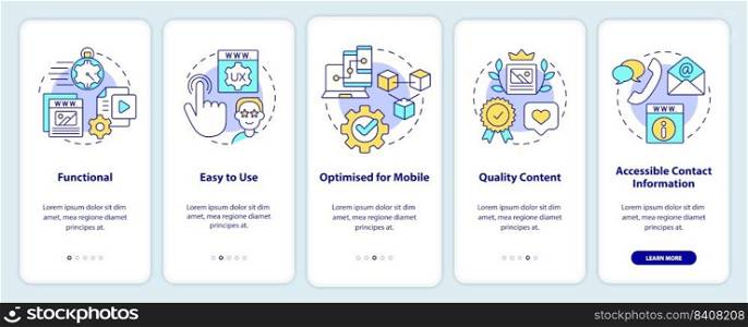 Qualities of good website onboarding mobile app screen. Easy to use walkthrough 5 steps editable graphic instructions with linear concepts. UI, UX, GUI template. Myriad Pro-Bold, Regular fonts used. Qualities of good website onboarding mobile app screen