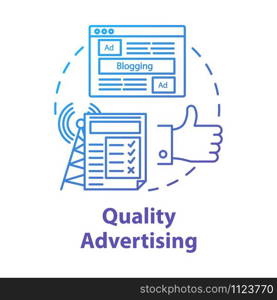 Quality advertising concept icon. Commercial promotion. Successful propaganda. Advertisement marketing. Giving publicity idea thin line illustration. Vector isolated outline drawing