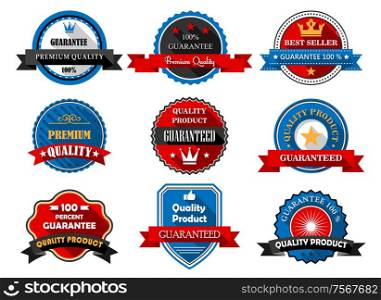 Quality and Premium product flat labels with various text guaranteeing the quality of the products in round frames and a shield with ribbon banners, vector illustration on white