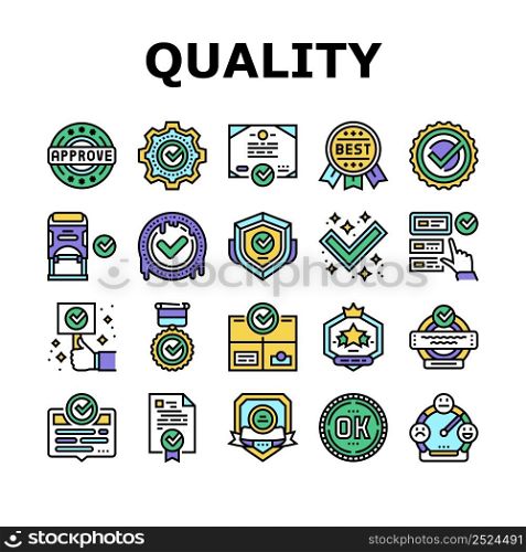 Quality Approve Mark And Medal Icons Set Vector. Product Quality Approve Certificate Document With Checkmark And Stamp Of Guarantee. Service Successful Check And Analysis Color Illustrations. Quality Approve Mark And Medal Icons Set Vector