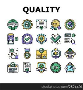 Quality Approve Mark And Medal Icons Set Vector. Product Quality Approve Certificate Document With Checkmark And Stamp Of Guarantee. Service Successful Check And Analysis Color Illustrations. Quality Approve Mark And Medal Icons Set Vector