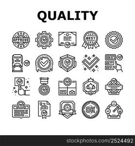 Quality Approve Mark And Medal Icons Set Vector. Product Quality Approve Certificate Document With Checkmark And Stamp Of Guarantee. Service Successful Check And Analysis Black Contour Illustrations. Quality Approve Mark And Medal Icons Set Vector