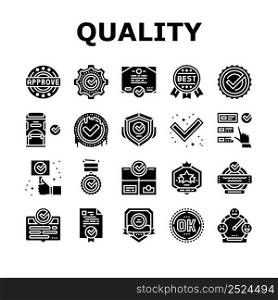 Quality Approve Mark And Medal Icons Set Vector. Product Quality Approve Certificate Document With Checkmark Stamp Of Guarantee. Service Successful Check Analysis Glyph Pictograms Black Illustrations. Quality Approve Mark And Medal Icons Set Vector