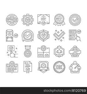 Quality Approve Mark And Medal Icons Set Vector. Product Quality Approve Certificate Document With Checkmark And St&Of Guarantee. Service Successful Check And Analysis Black Contour Illustrations. Quality Approve Mark And Medal Icons Set Vector