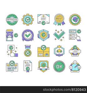 Quality Approve Mark And Medal Icons Set Vector. Product Quality Approve Certificate Document With Checkmark And St&Of Guarantee. Service Successful Check And Analysis Color Illustrations. Quality Approve Mark And Medal Icons Set Vector