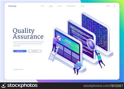 Quality assurance banner. Concept of software test, guarantee of fixing errors and bugs. Vector landing page of QA with isometric working people and digital tablet with quality certificate stamp. Vector banner of software QA, quality assurance