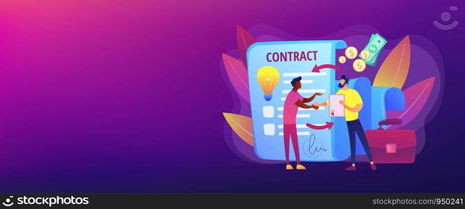 Quality assurance. Business deal. Guarantee certificate. Licensing contract, intellectual property agreement, electronic copy sales concept. Header or footer banner template with copy space... Licensing contract concept banner header