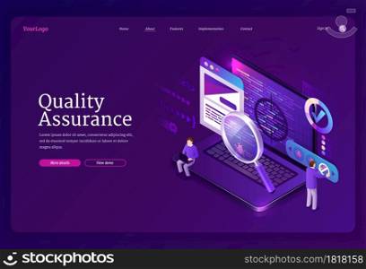 Quality assurance isometric landing page. Tiny characters fixing bugs on huge pc. Qa software development for digital device. Process of optimization, debugging program or code, 3d vector web banner. Quality assurance isometric landing, debugging
