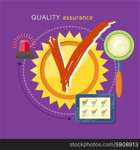 Quality assured sign grunge rubber stamp on stylish background. Concept in flat design style. Can be used for web banners, marketing and promotional materials, presentation templates
