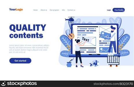 Quality contents vector landing page template with header. Online business, social media web banner, homepage design with flat illustrations. Bloggers cartoon characters. Blogging concept