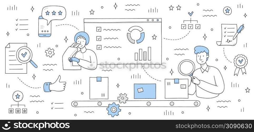 Quality control background with doodle checklist, guarantee badge, people work in lab and do research and verification. Vector hand drawn illustration of quality control check. Quality control doodle background