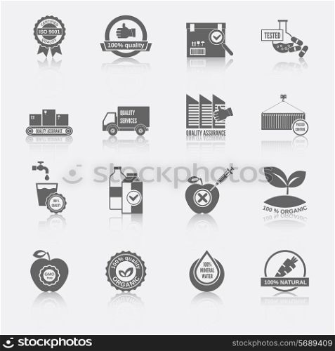 Quality control certified quality checklist test services organic icons black set isolated vector illustration