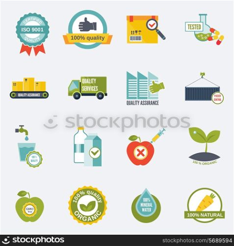 Quality control certified quality test services icons flat set isolated vector illustration