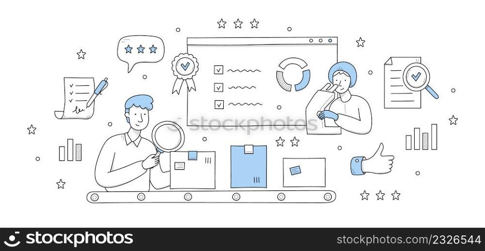 Quality control doodle concept. Product manufacturing and safety inspectors testing production. Customer feedback, inspection, warranty certificate abstract metaphor, Line art vector illustration. Quality control doodle concept, product inspection