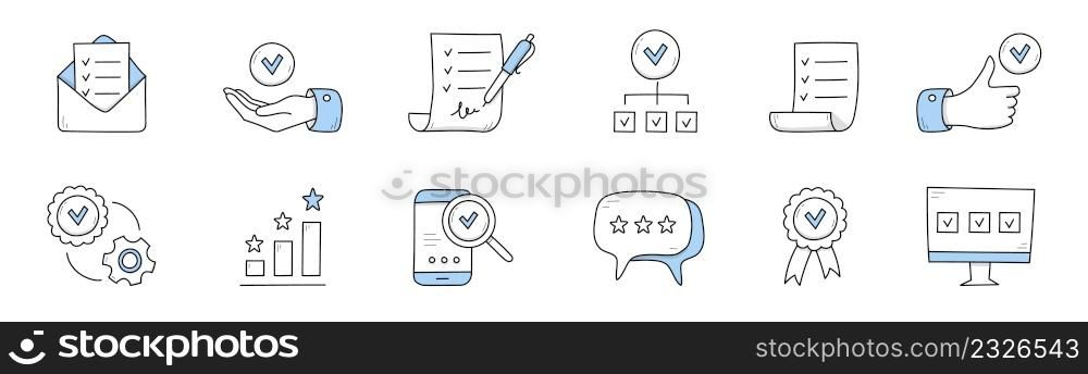 Quality control doodle icons envelope with check list, hand with tick, document with pen and inscription, thumb up gesture, gear, stars and column chart, smartphone, medal Line art vector illustration. Quality control doodle icons, outline signs set