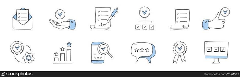 Quality control doodle icons envelope with check list, hand with tick, document with pen and inscription, thumb up gesture, gear, stars and column chart, smartphone, medal Line art vector illustration. Quality control doodle icons, outline signs set