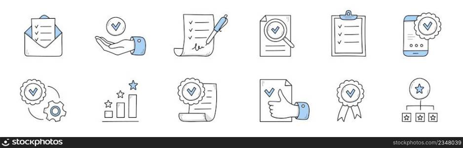 Quality control icons. Doodle symbols of product guarantee, compliance and verification. Vector hand drawn set of signs with checklist, document with check mark, certificate, phone and graph. Quality control, product guarantee icons