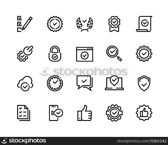 Quality control line icons. Check mark and approve certificate outline symbols, confirmation and quality guaranteed vector sign set. Technological line check and certificate of conformity stamp. Quality control line icons. Check mark and approve certificate outline symbols, confirmation and quality guaranteed vector sign set