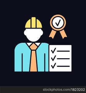 Quality control manager RGB color icon for dark theme. Production inspector. High quality products. Isolated vector illustration on night mode background. Simple filled line drawing on black. Quality control manager RGB color icon for dark theme