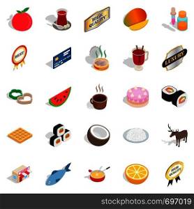 Quality food icons set. Isometric set of 25 quality food vector icons for web isolated on white background. Quality food icons set, isometric style