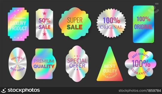 Quality hologram foil sticker labels for original products. Geometric seal for official certification, guarantee and sale emblems vector set. Super sale and best discount offer template