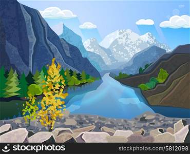 Quality landscape wallpaper summer mountain range with river and golden tree picturesque poster print abstract vector illustration. Landscape summer mountains range print