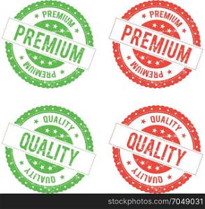 Quality Premium Seal Stamp. Illustration of a set of green and red quality and premium seals, with grunge texture
