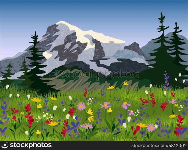Quality seasonal landscape wallpaper summer meadow with mountain range icy peaks background print picturesque abstract vector illustration. Landscape summer alpine medow poster